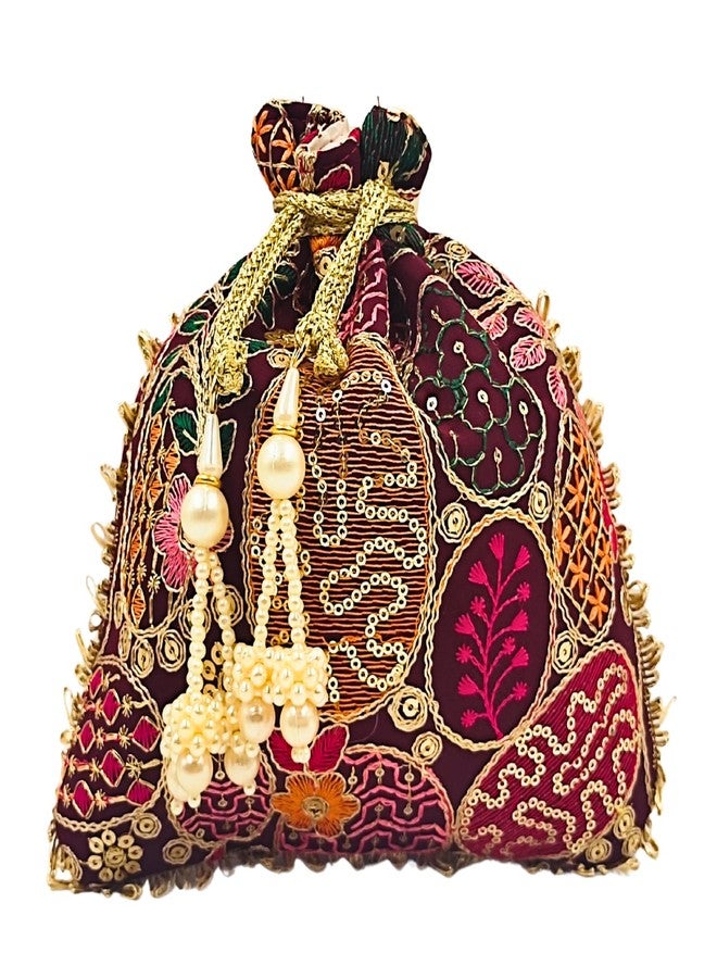 exotique Women’s Maroon Embroidered Potli Bag | Designer Silk Potli with Pearl Handle & Tassels | Wedding, Party & Festive Ethnic Clutch | HW0019MN - Image 1